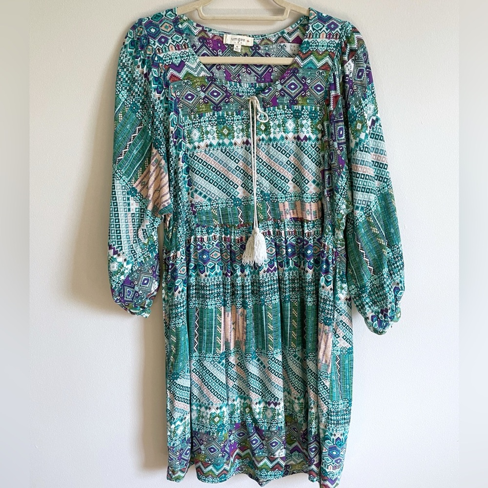 Multicolored Teal Boho Print Peasant Dress with Tassel Tie by Umgee Cruise Wear - Picture 2 of 7